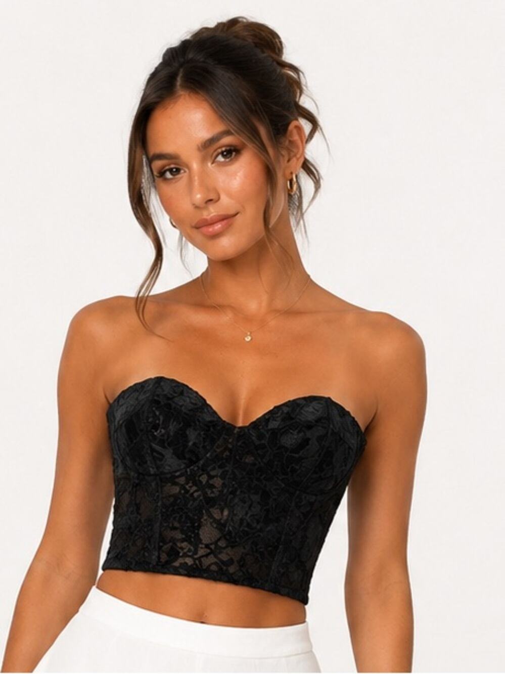 Naked Wardrobe Black Lace Bustier Crop Top Size Medium Sweetheart Neck Corset